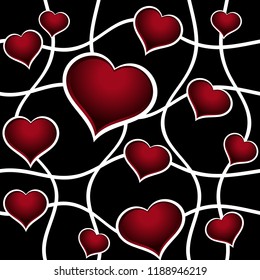 Abstract red hearts over black vector seamless background