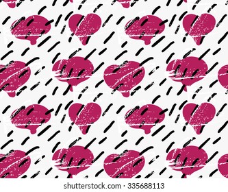 Abstract red heats with grunge and black marks.Hand drawn with paint brush seamless background.Modern hipster style design.