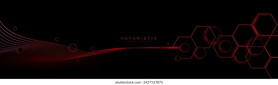 Abstract red hexagon background with glowing wavy lines with technology connection concept. Modern minimal trendy shiny lines pattern. Vector illustration