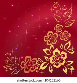 Abstract red holiday background with symbolical yellow flowers and leaves. Vector eps10, contains transparencies