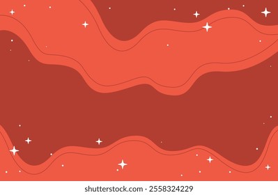 Abstract Red Holiday Background With Wavy Lines and Sparkling Stars, Wide Vector Design. Perfect for Christmas design projects requiring a calming, minimalist aesthetic