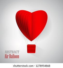 Abstract red hot air balloon in the shape of a heart. Love design element over white background - vector illustration. Origami made hot air balloon flying. Holiday design element