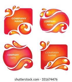 Abstract red hot liquid labels set.  Lava concept. Shiny icons - 4 wavy shapes for logo. Red hot frames with drops and swirls.Company name background. For beauty industry, spa, anti cellulite. Eps 10.