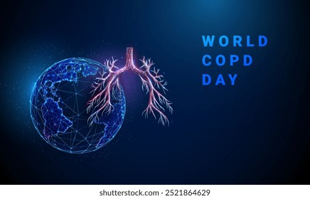 Abstractas árbol bronquial humano rojo con la Tierra. Anuncio del Día Mundial de la EPOC. Concienciación sobre la salud respiratoria y concepto de campañas médicas mundiales. Baja poli. Fondo geométrico. Gráfico de alambre. Vector