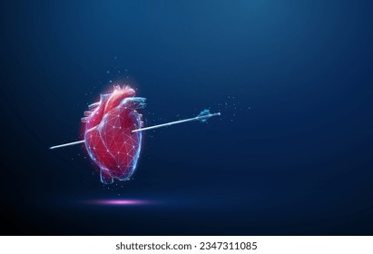 Abstract red human heart with arrow inside. Happy Valentine's day concept. Low poly style design. Geometric background. Wireframe light connection structure. Modern 3d graphic concept. Vector
