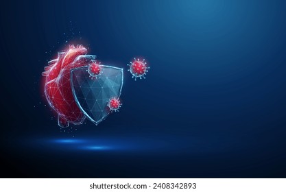 Abstraktes rotes Herz hinter dem futuristischen Schutzschild, das von Viren angegriffen wird. Herzschutz. Konzept der Gesundheitsversorgung Geometrischer Hintergrund, Low-Poly-Stil, Wireframe-Verbindungsstruktur Vektor