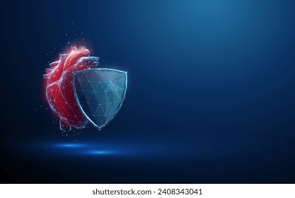 Abstract red human heart behind the blue futuristic guard shield. Heart healthcare medical concept. Low poly style. Geometric background. Wireframe connection structure. Modern 3d graphic. Vector