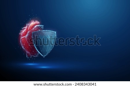Abstract red human heart behind the blue futuristic guard shield. Heart healthcare medical concept. Low poly style. Geometric background. Wireframe connection structure. Modern 3d graphic. Vector