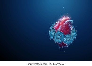 Abstract red human heart with blue flowers. Healthy lifestyle, healthcare medical concept. Low poly style design. Geometric background. Wireframe light connection structure. Modern 3d graphic. Vector.