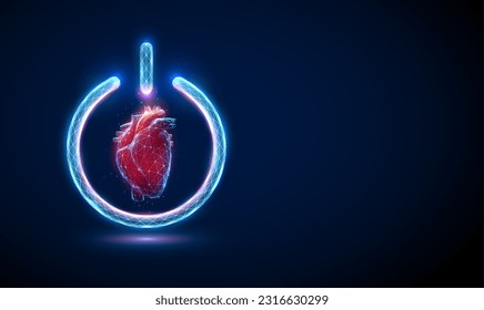 Resumen del corazón humano rojo en el botón de encendido. Concepto médico de salud. Diseño de bajo estilo polaco. Fondo geométrico. Estructura de conexión de la luz del bastidor acústico. Gráfico 3d moderno. Ilustración vectorial.