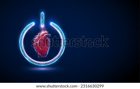 Abstract red human heart in glowing power button. Healthcare medical concept. Low poly style design. Geometric background. Wireframe light connection structure. Modern 3d graphic. Vector illustration.