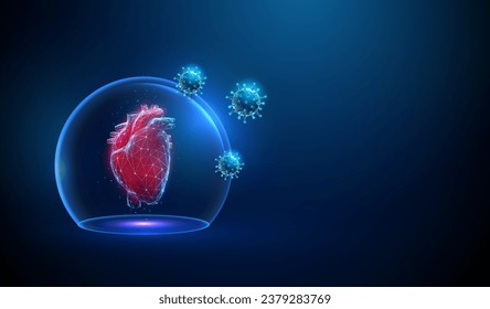 Abstract red human heart in transparent glass dome with attacking viruses. Heart protection. Healthcare medical concept. Low poly style. Geometric background. Wireframe connection structure.  Vector.