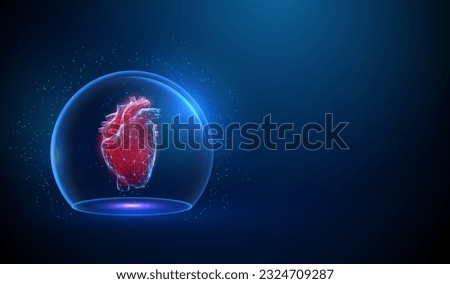 Abstract red human heart in transparent glass dome. Heart protection. Healthcare medical concept. Low poly style design. Geometric background. Wireframe connection structure. Modern 3d graphic. Vector