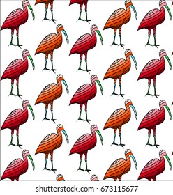 Abstract red ibis on the white background seamless pattern. For prints, posters, cards, decoration. Vector illustration. 