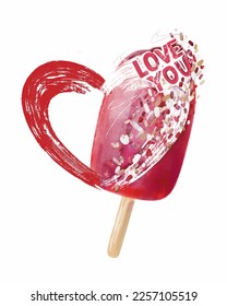 Abstract red ice cream with heart for  Valentines cards, posters, wallpaper. Vector illustration on the isolated white background. 