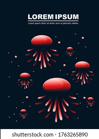 Abstract red jellyfish with neon style color flat vector illustration on dark background