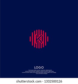 abstract red K logo letter in circle lines shape with dark blue background design concept