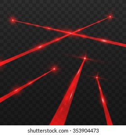 Abstract red laser beams. Isolated on transparent black background. Vector illustration, eps 10.