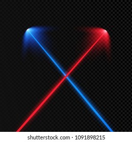 Abstract red laser light. Transparent is isolated on a black background. Vector illustration. Two crossed light swords are fighting. Blue and red lasers