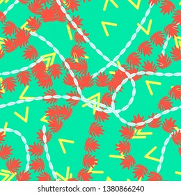abstract red leaves with white chains and yellow figures on a light green background