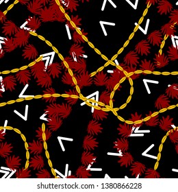 abstract red leaves with yellow chains and white figures on a black background