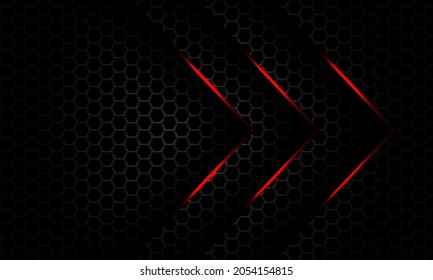 Abstract red light arrow direction overlap on dark grey metallic hexagon mesh pattern design modern luxury futuristic background vector illustration.