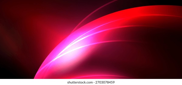 Curvas de luz vermelha abstratas criam efeito visual dinâmico. Gradientes suaves sugerem energia, movimento, profundidade. Design minimalista foca em cor, forma.