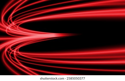 Abstract red light fast speed curve dynamic motion on black background vector illustration.