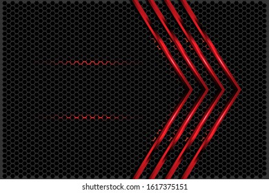 Abstract red light glossy arrow on black with hexagon mesh design modern futuristic technology background vector illustration.