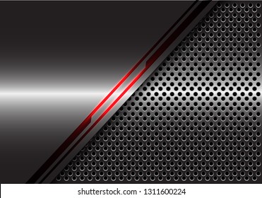 Abstract red light line energy on grey metal with circle mesh design modern futuristic technology background vector illustration.