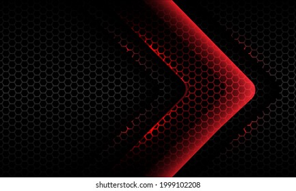 Abstract red light neon arrow glossy direction on dark hexagon mesh pattern design modern futuristic background vector illustration.