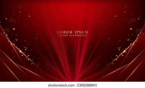 Abstract red light rays with slanted golden lines and glittering light effects decoration on red background. Elegant style vector design