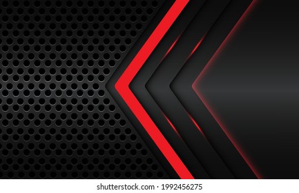Resumen de la dirección de la flecha de la sombra de la luz roja sobre el diseño de la malla de círculo metálico gris oscuro diseño de la tecnología futurista moderna ilustración vectorial de fondo de tecnología futurista.