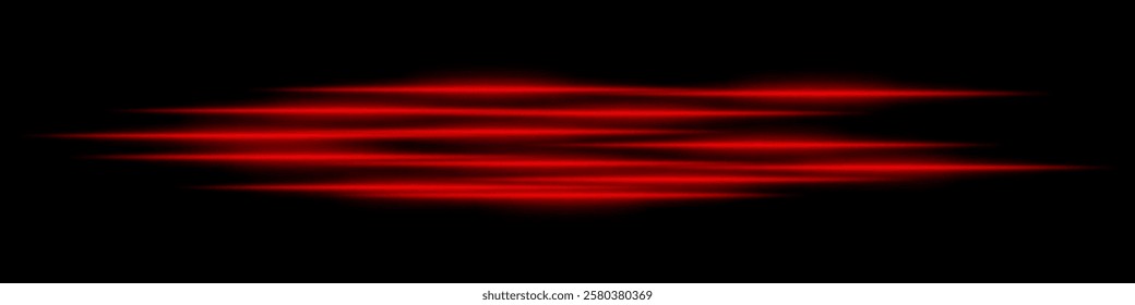 Abstract red light streaks background. Glowing horizontal lines with motion blur effect on a dark backdrop. Futuristic speed, energy flow, laser beams, and technology concept.