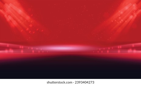 Abstract red lighting tech background stadium stage hall with scenic lights of round futuristic technology half black vector empty stage spotlight background.