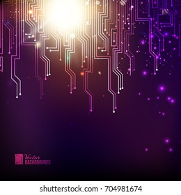 Abstract red lights background. Circuit board background with flash electronics. Vector illustration, contains transparencies, gradients and effects.