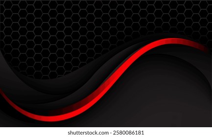 Abstract red line curve on black hexagon mesh luxury design modern background vector illustration.