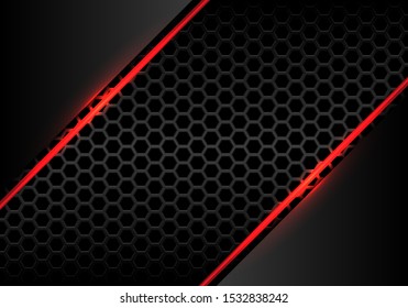 Abstract red line fire light with grey metallic on hexagon mesh design modern futuristic background vector illustration.