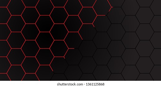Abstract red line hexagon on dark grey mesh pattern design modern futuristic background vector illustration.