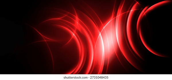 Linhas vermelhas abstratas, curvas, luz brilhante criam energia dinâmica. Fundo escuro enfatiza a iluminação brilhante, design moderno.