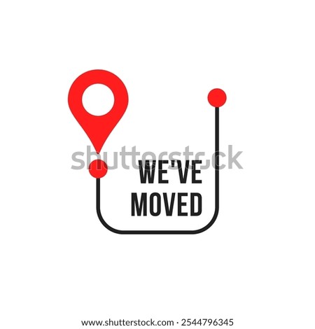 abstract red local geo tag like we moved icon. simple badge for shop, office or store which announces the move. graphic art design navigation logotype element for web or internet in minimal style