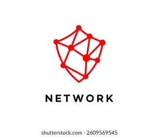 Abstract red logo depicting a shield formed by interconnected nodes, symbolizing a secure and global network. Simple, modern design.