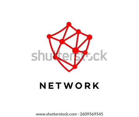 Abstract red logo depicting a shield formed by interconnected nodes, symbolizing a secure and global network. Simple, modern design.