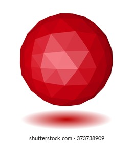 Abstract red low polygonal sphere made of triangular faces with shadow on white background