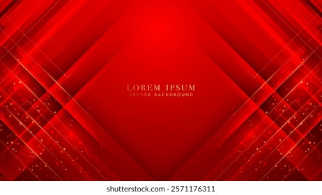 Abstract red luxury background with geometric shapes overlapping rectangles, diagonal golden lines, and sparkles effect. Vector illustration