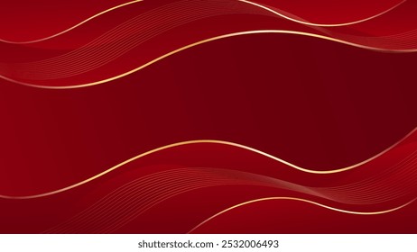 Abstrakter roter Luxushintergrund mit goldenen Linien. Elegante Welle moderne Tapete. Vorlagenbanner-Hintergrund für Verkäufe, Anzeigen, Veranstaltungen, Auszeichnungen, Websites, Seiten und andere