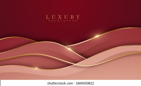 Abstract red luxury background with golden line , paper cut style 3d. vector illustration.