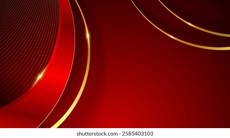 Abstract red luxury background with golden lines and wave shape