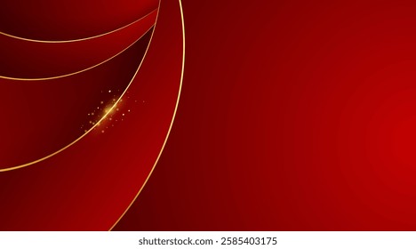 Abstract red luxury background with golden lines and wave shape