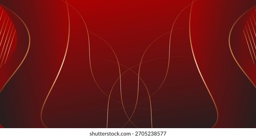 Abstract red luxury background with golden lines and wave shape. poster
